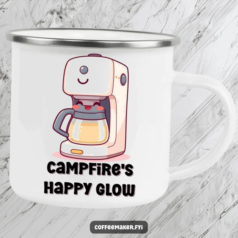 Funny enamel camping mug featuring a coffee maker machine boiling happily with a grin, ideal for enjoying hot beverages outdoors.