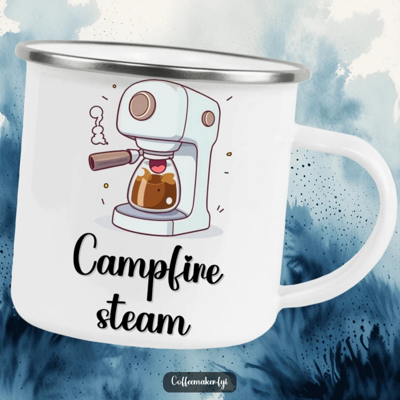 Funny coffee maker character comically sputtering with excitement and erupting steam, on a sturdy camping mug.