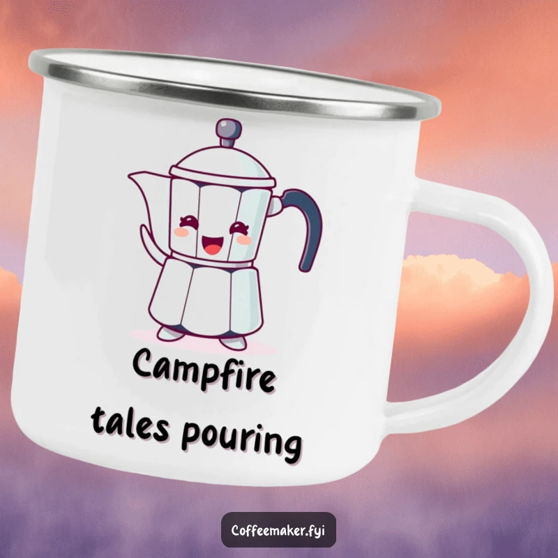 Funny enamel camping mug with a coffee pot character, enthusiastically gesturing with its spout.