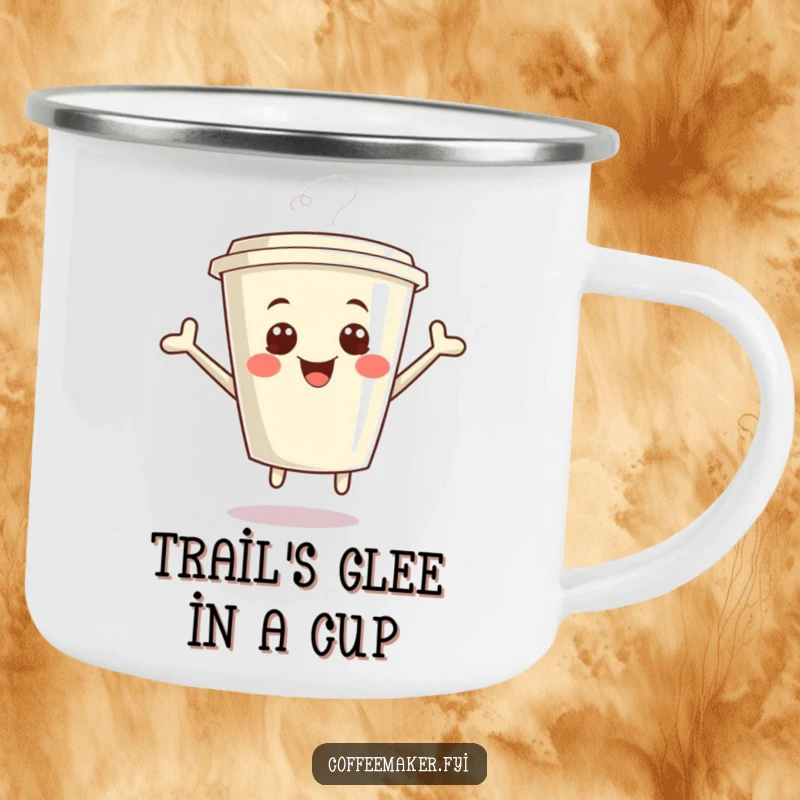 Funny Kawaii Coffee Cup Camping Mug with a giggling cup jumping with glee, perfect for outdoor adventures and a humorous gift.