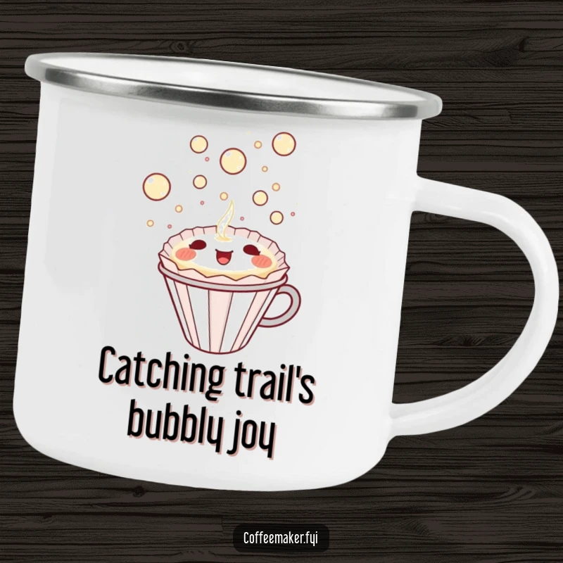 Funny Kawaii Coffee Filter Camping Mug happily catching bubbly delight, perfect for outdoor adventures and a humorous gift.