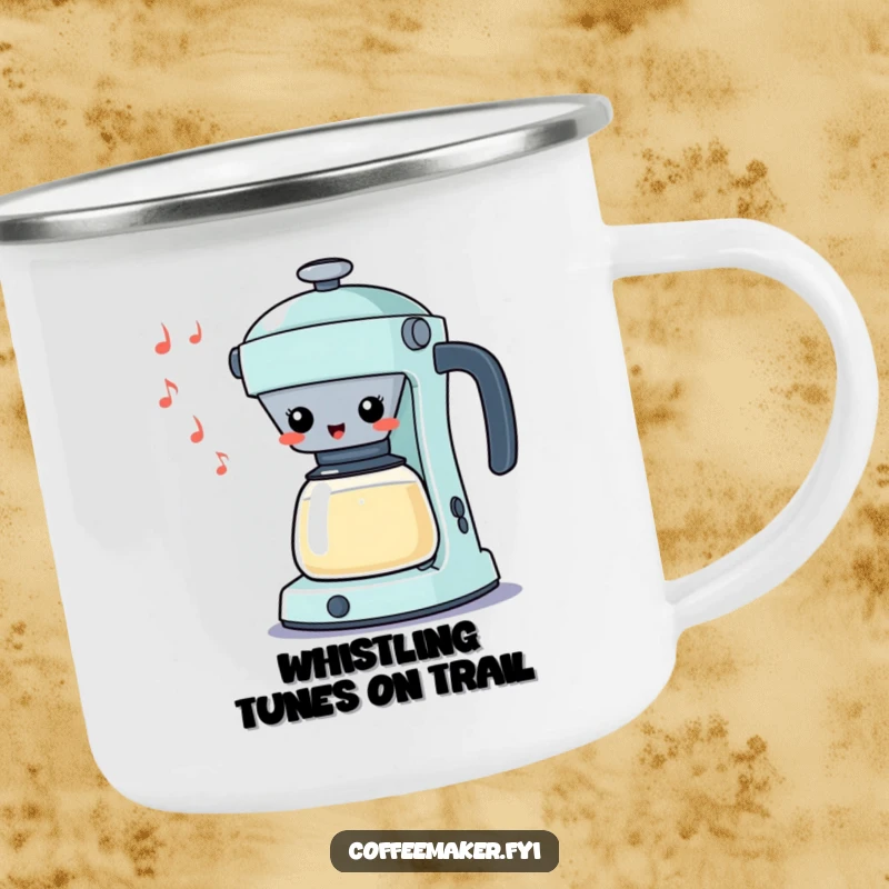 Funny Kawaii Percolator Camping Mug whistling a silly tune cheerfully, perfect for outdoor adventures and a humorous gift.