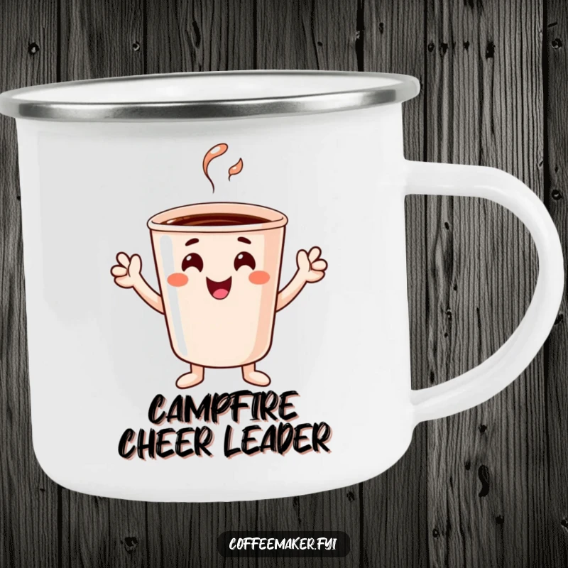 Funny cheerful coffee cup character with tiny hands celebrating, on a durable camping mug for adventures.