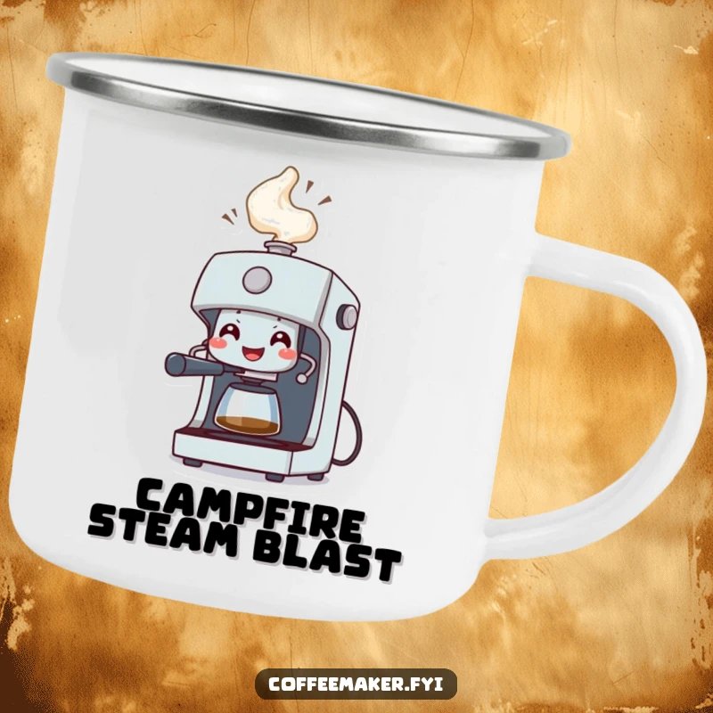 Funny Camping Mug: A grinning coffee machine character spraying a celebratory geyser of steam, perfect for outdoor coffee enjoyment.