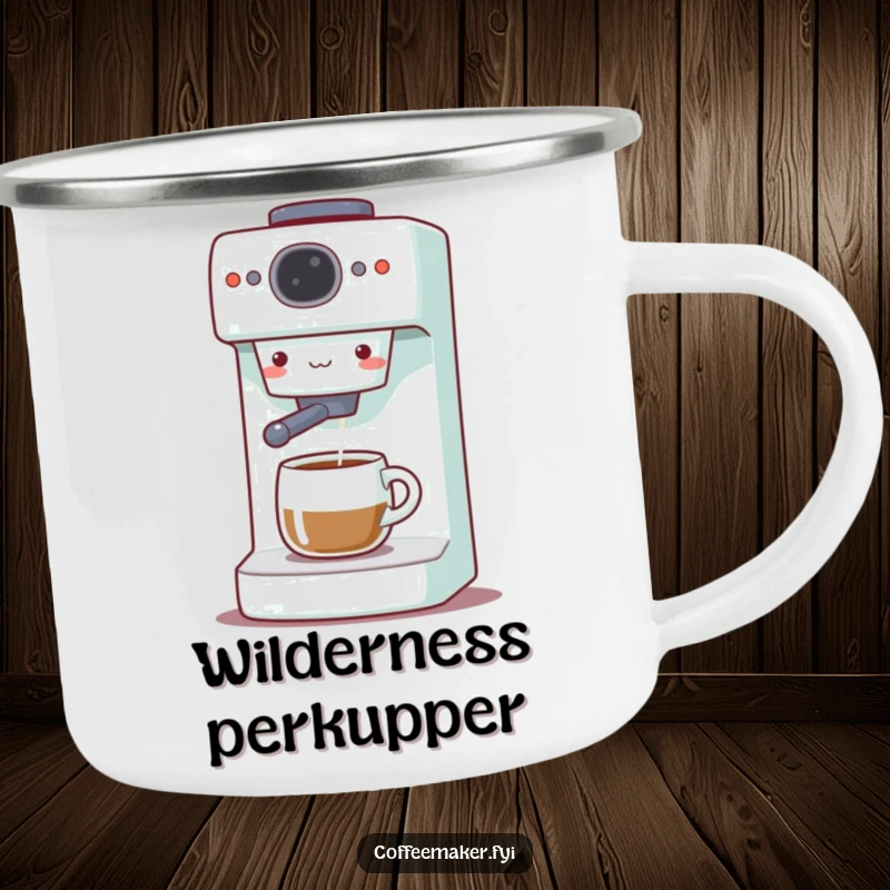Funny Coffee Maker Camping Mug: Cute machine gleefully dispensing coffee, ready for outdoor adventures and cheerful mornings.