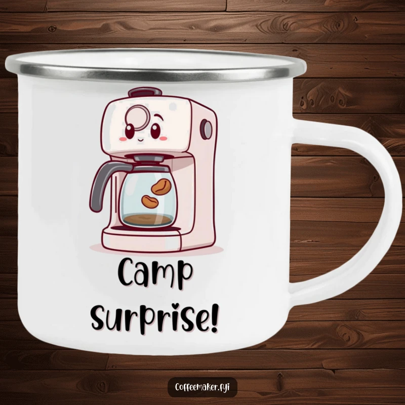 Funny enamel camping mug featuring a surprised coffee maker machine as a tiny coffee bean jumps out, ideal for outdoor enjoyment.