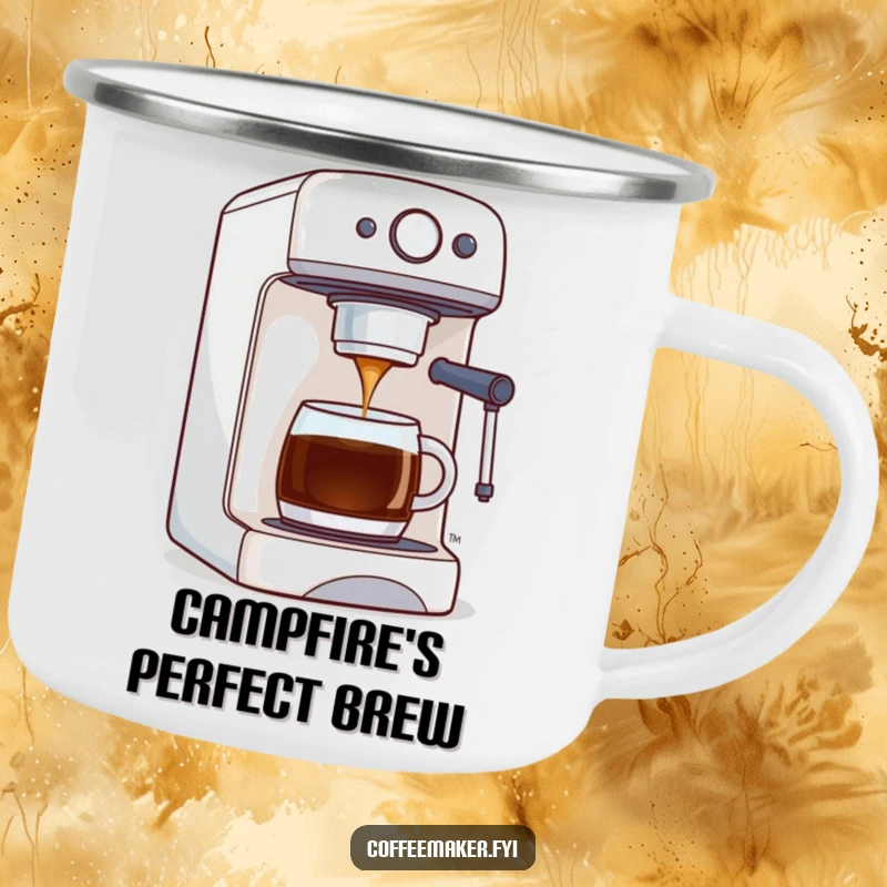 Funny enamel camping mug featuring a coffee maker machine proudly dispensing a stream of perfect coffee, ideal for outdoor enjoyment.