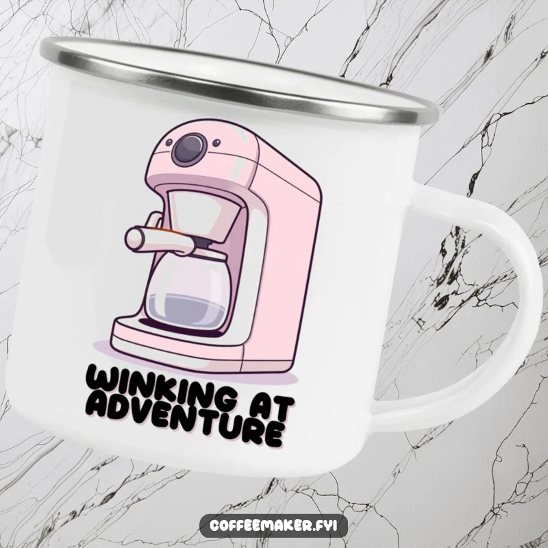 Funny camping mug featuring a winking coffee maker character, perfect for outdoor coffee enjoyment.