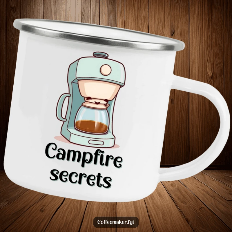 Funny coffee maker character peeking with a mischievous grin from its lid, on a sturdy camping mug.