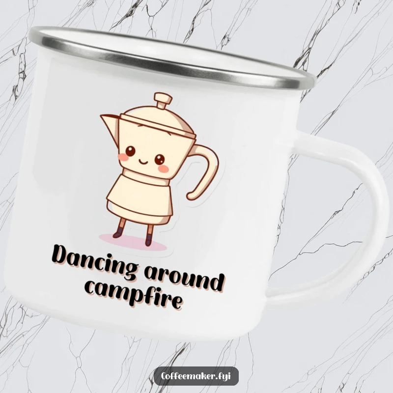 Funny coffee pot character shuffling its base on this camping mug, ready for outdoor fun.