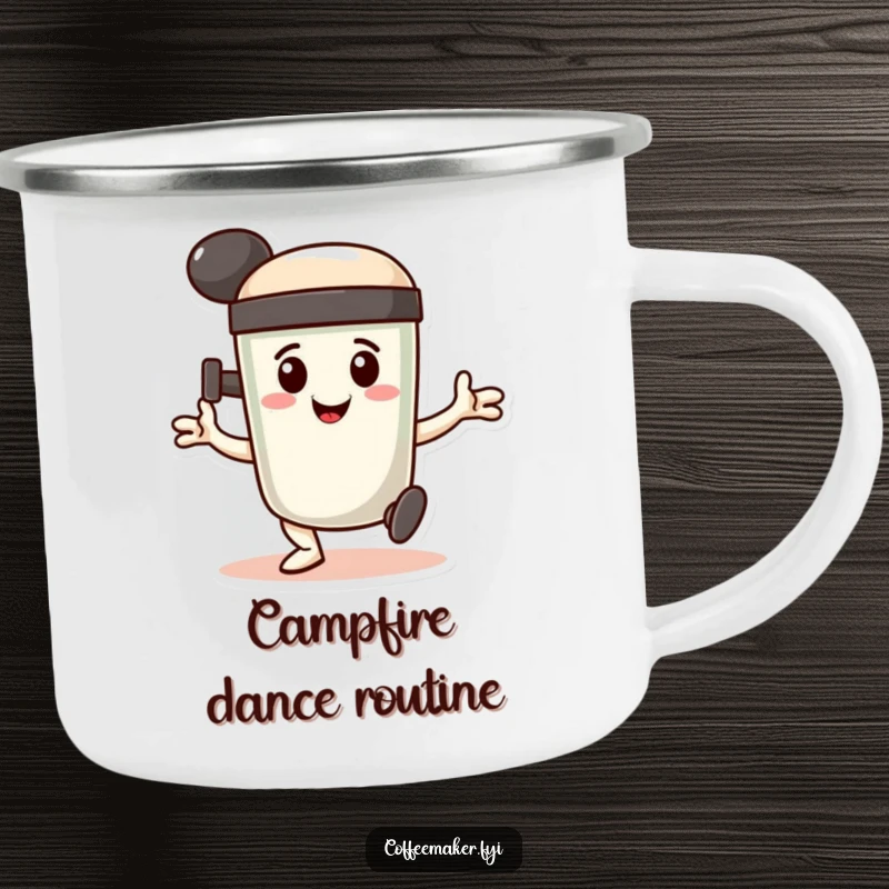 Funny Camping Mug: A smiling coffee tamper character doing a determined, stamping dance, perfect for outdoor coffee enjoyment.