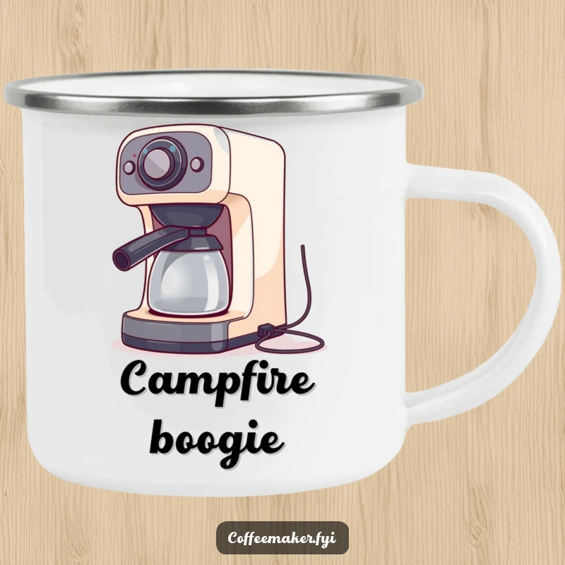 A coffee maker machine doing a silly dance with its cords, illustrated on a rugged enamel camping mug.