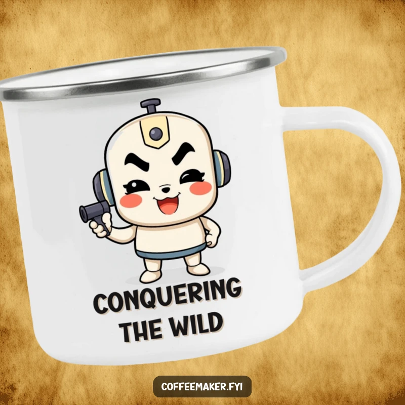 Funny camping mug featuring a determined French press character pumping, ideal for motivated outdoor enjoyment.