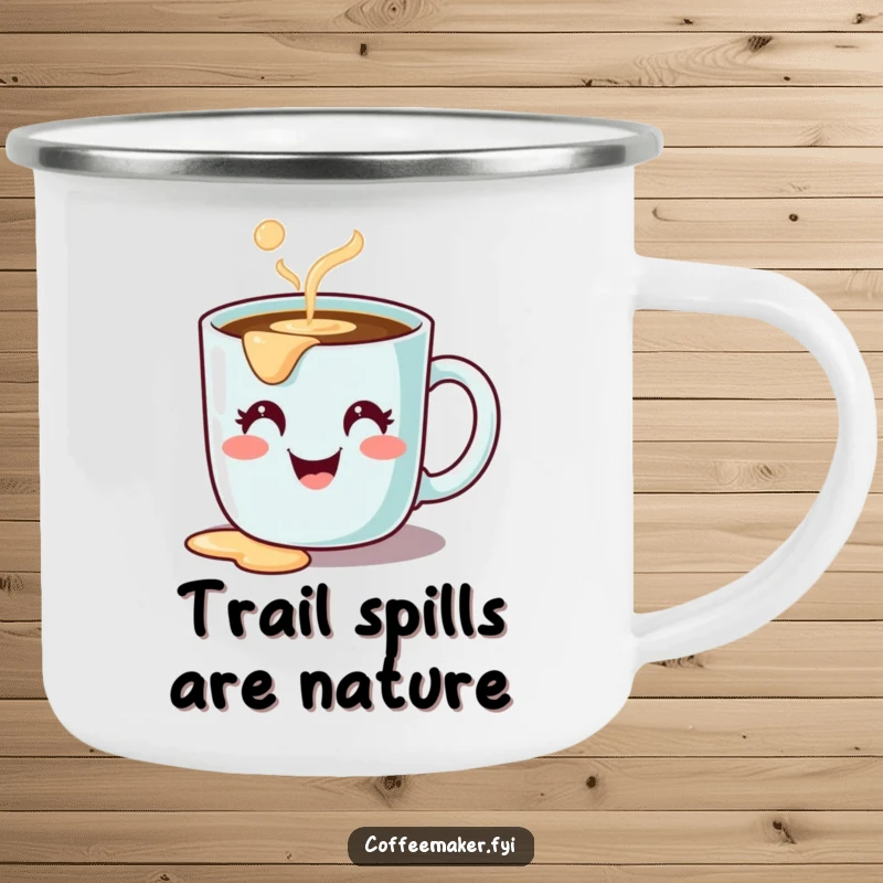 Funny enamel camping mug with a cute coffee mug character, happy face, spilling coffee, durable and humorous outdoors.