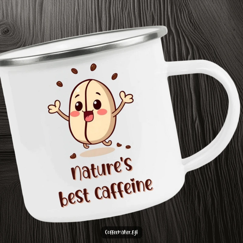 Funny enamel camping mug with a kawaii coffee bean character, illustrated bouncing with excitement.