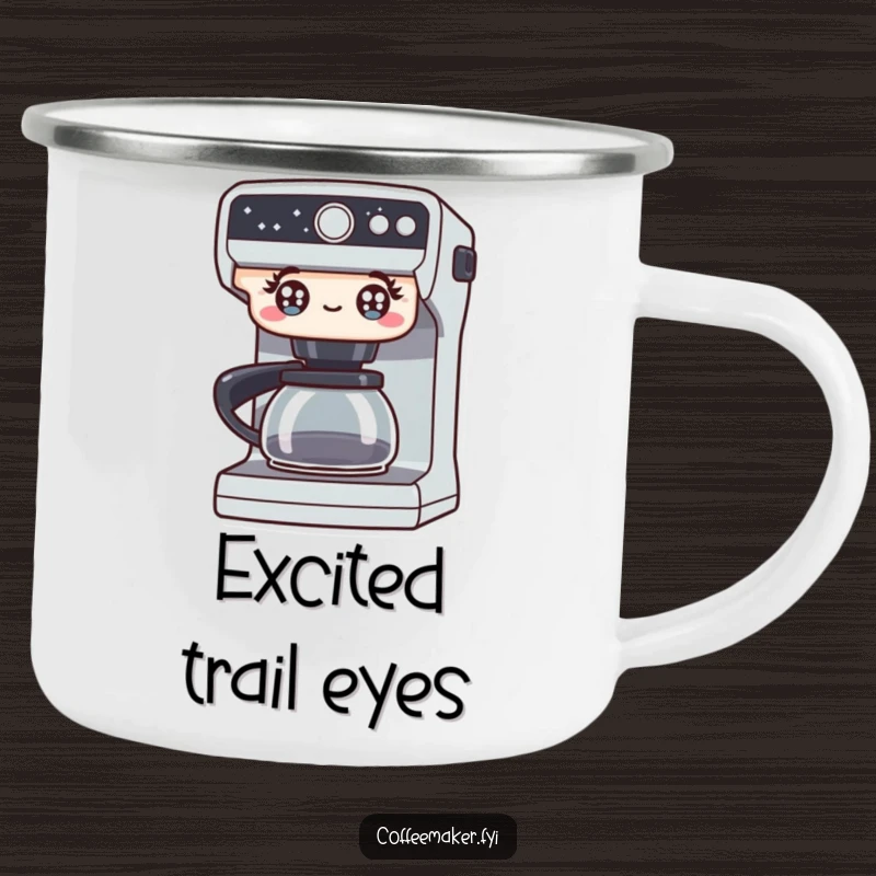Funny camping mug showing a coffee maker with bright, excited eyes, perfect for outdoor enjoyment and a cheerful, energetic start to the day. A humorous mug.