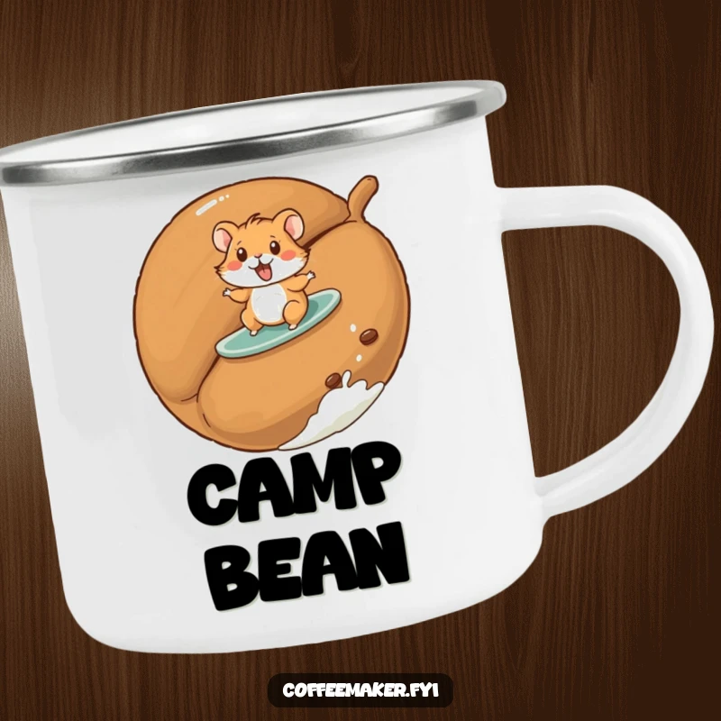 Funny hamster camping mug with a playful hamster surfing on a giant roasted coffee bean, ideal for outdoor fun.