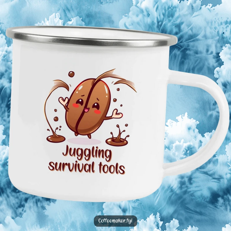 Funny coffee bean character juggling dark liquid streams on this camping mug, perfect for outdoor skill.