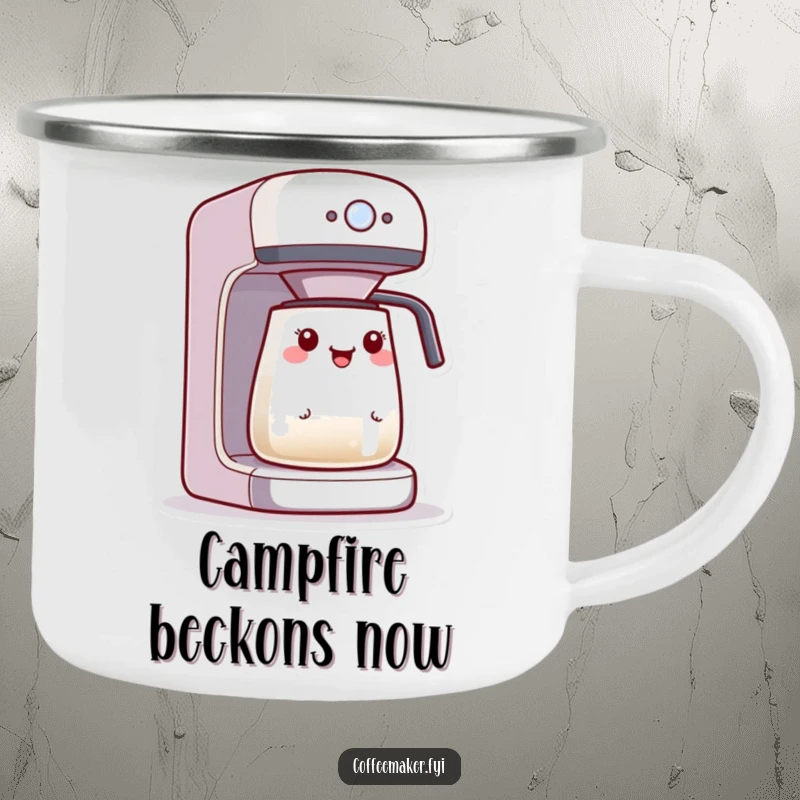 Funny Kawaii coffee maker camping mug, character excited by a blinking brewing light, for outdoor coffee enjoyment.