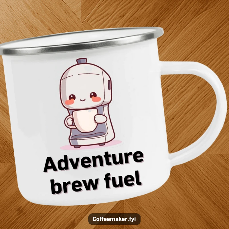 Funny Kawaii coffee maker camping mug, character proudly holding a steaming cup, for outdoor adventures.