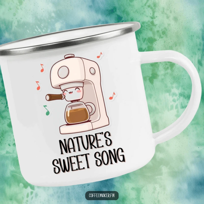 Funny Musical Coffee Maker Camping Mug: Coffee machine dancing with musical notes, ready for outdoor adventures and melodic brews.