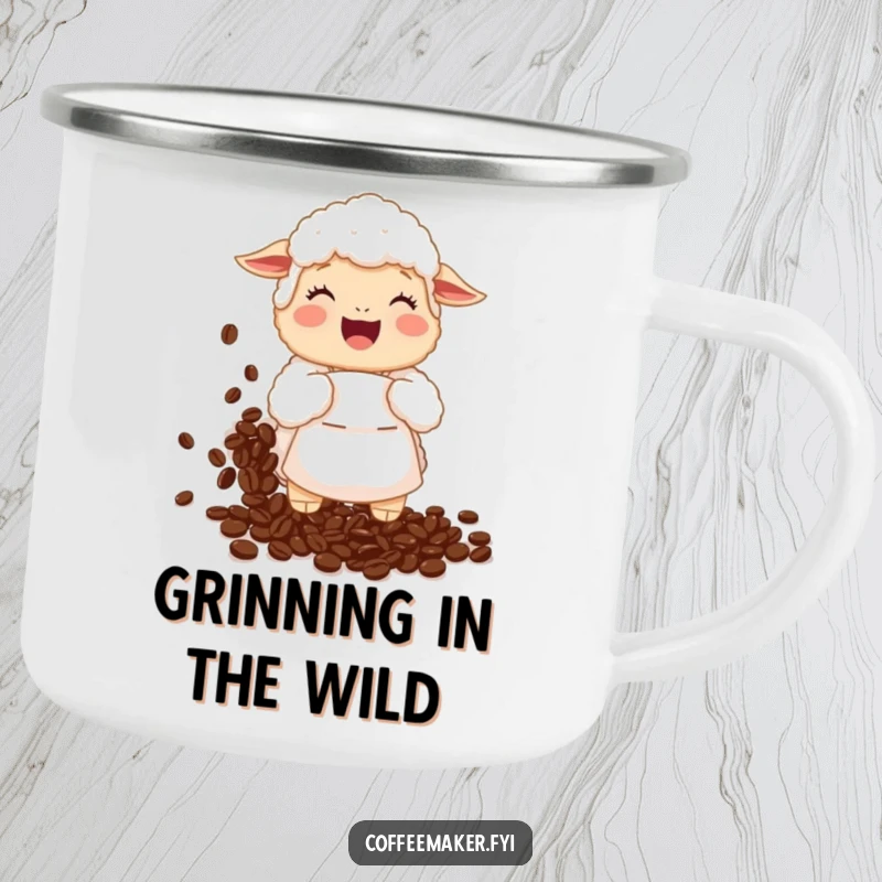 Funny Camping Mug: A giggling sheep wearing an apron spills a cascade of coffee beans during an outdoor camping trip.