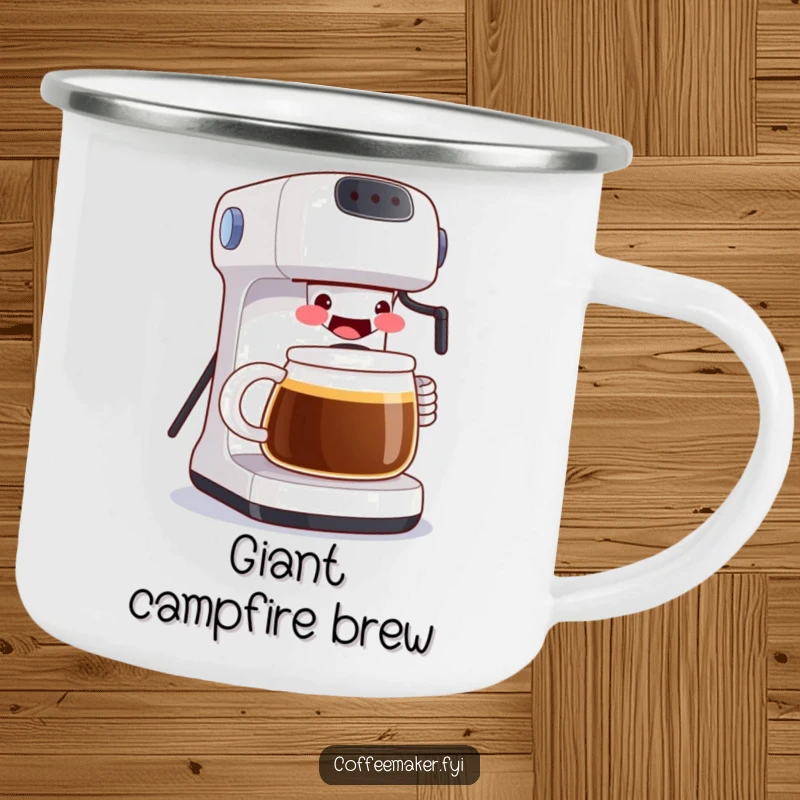 Funny camping mug showing a grinning coffee maker pouring a huge mug, designed for outdoor enjoyment and a cheerful, substantial caffeine fix. A humorous mug.