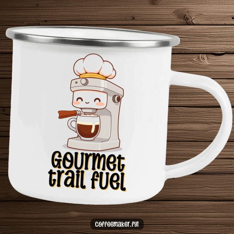 Funny camping mug with a coffee maker character in a chef hat, presenting a fancy coffee, perfect for enjoying gourmet brews outdoors.