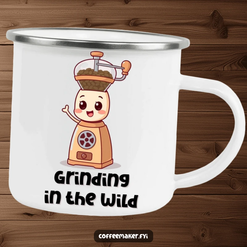 Funny cartoonish coffee grinder character happily spinning its mechanism, ready for adventure on a rugged camping mug.