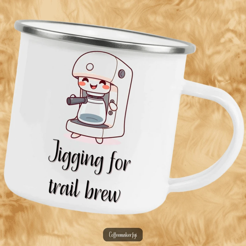 Funny camping mug with a happy kawaii coffee maker jigging with its buttons pressed, ideal for cheerful outdoor coffee breaks.