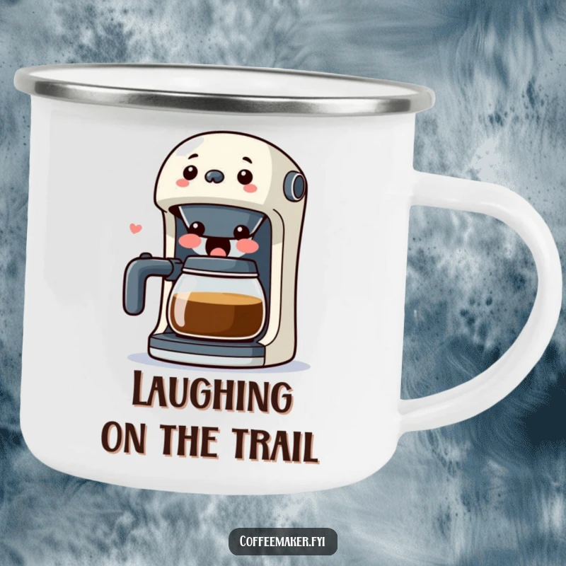 Funny Kawaii Coffee Maker Camping Mug featuring a surprised character with its spout wide open in laughter, for humorous outdoor enjoyment.