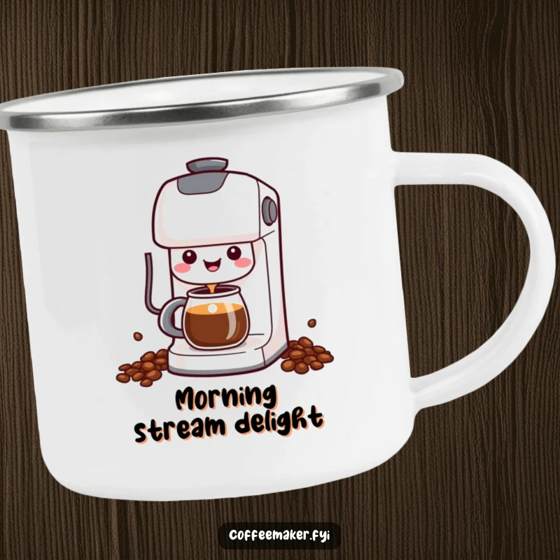 Funny Kawaii Coffee Maker Camping Mug featuring a cheerful character happily dispensing coffee, for humorous outdoor enjoyment.