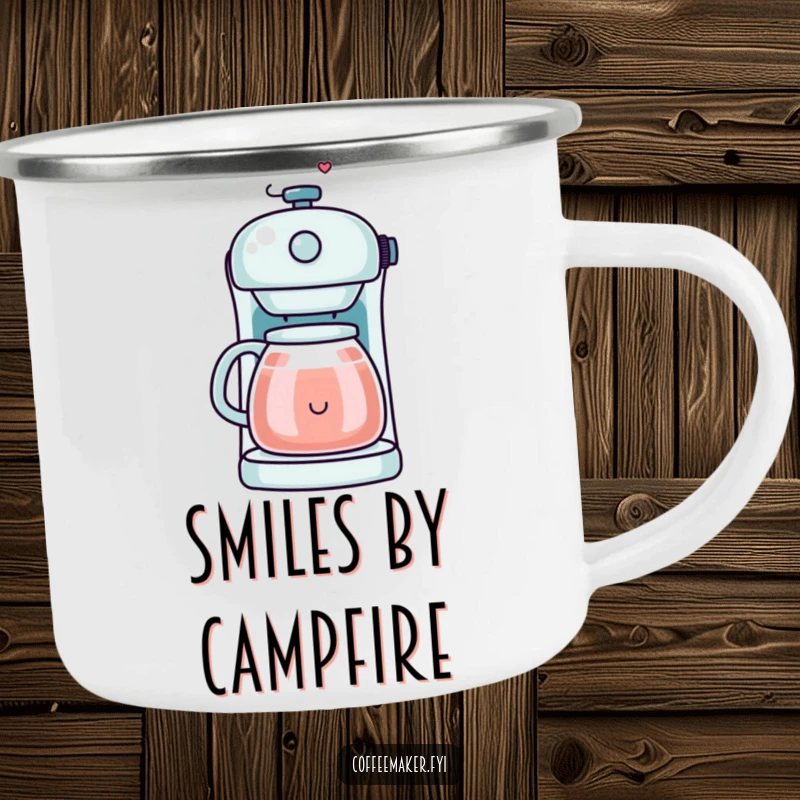 Funny Kawaii Coffee Maker Camping Mug depicting a smiley face made of steam, perfect for enjoying happy coffee outdoors.