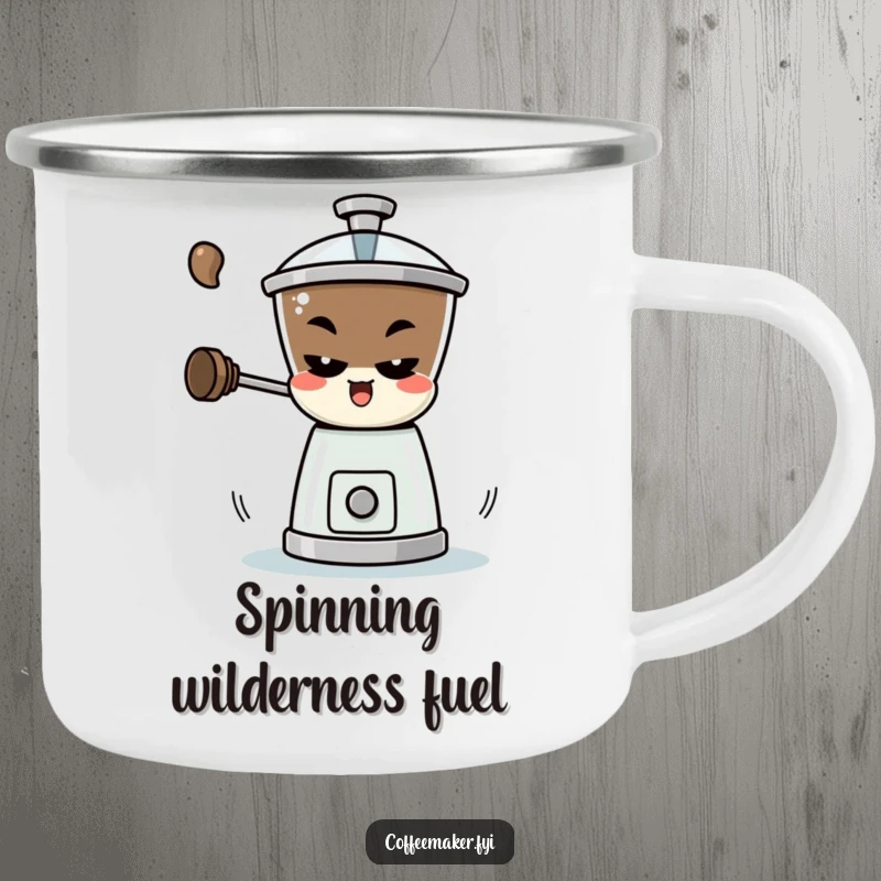 Funny Camping Mug: A mischievous coffee grinder character spinning rapidly, perfect for outdoor coffee enjoyment.