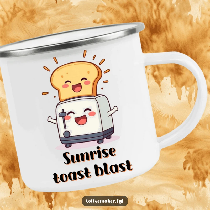 Funny Camping Mug: A laughing toaster character with a toast explosion, making every outdoor sipHilarious.