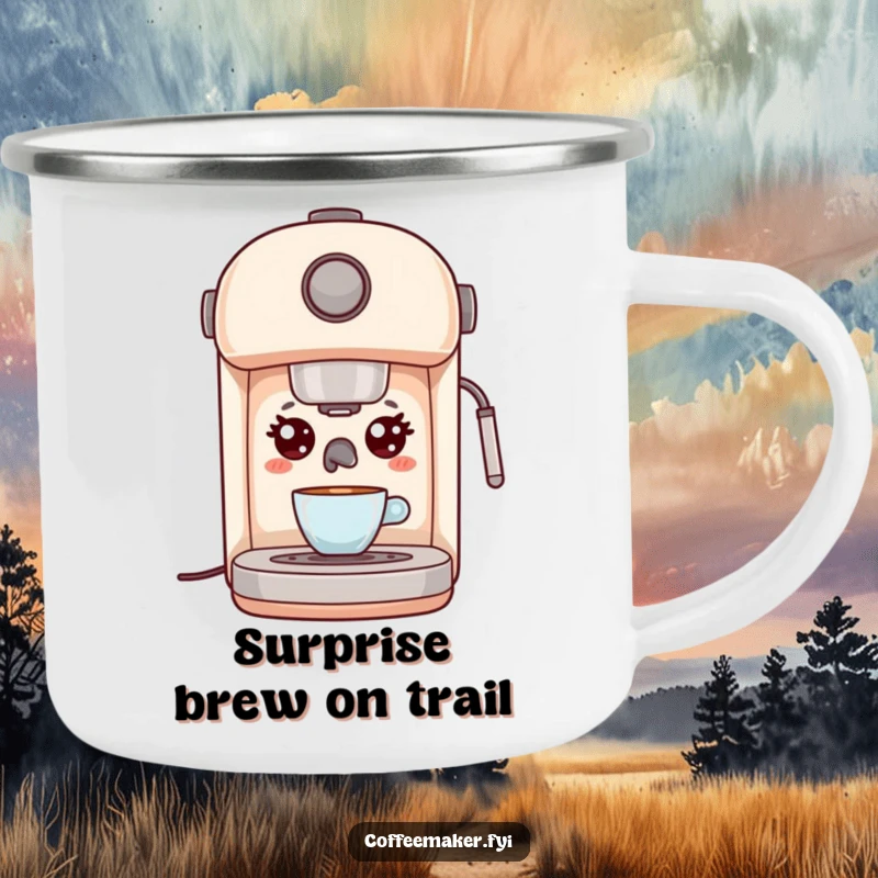 Funny Kawaii Espresso Machine Camping Mug with wide, surprised eyes, perfect for outdoor adventures and a humorous gift.
