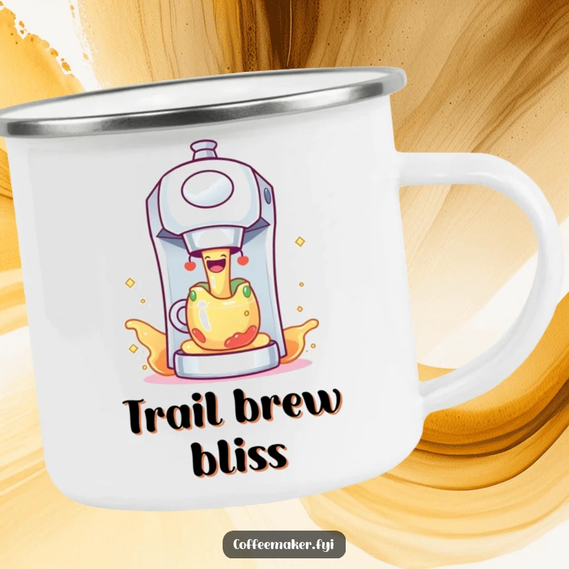 Funny coffee maker character joyfully pouring colorful, sparkling liquid, on a sturdy camping mug for outdoor fun.