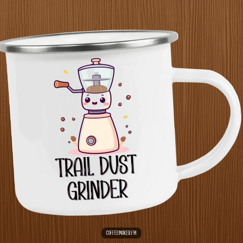 Funny Kawaii coffee grinder camping mug, durable for adventures, featuring a spinning grinder with spirited design.