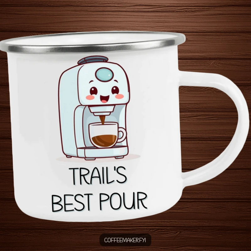 A happy, friendly coffee maker machine dispensing coffee, illustrated on a durable enamel camping mug for adventure.