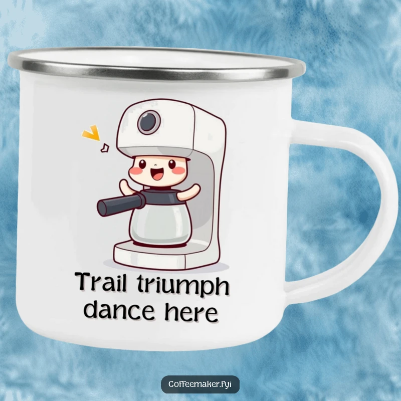 Funny Victorious Coffee Maker Camping Mug: Machine doing a happy shimmy, ready for outdoor adventures and celebratory brews.