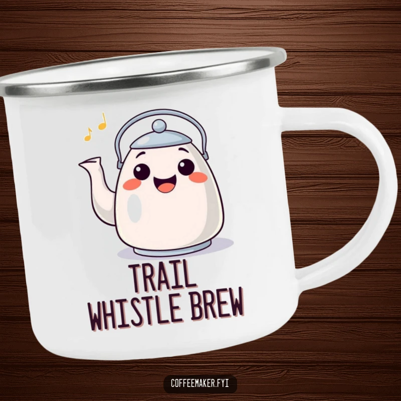 Funny Camping Mug: A happy, grinning kettle character whistling a cheerful tune, perfect for outdoor enjoyment.