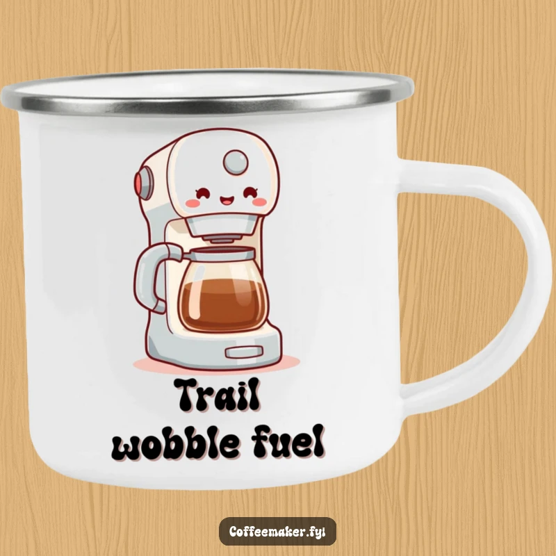 Funny camping mug showing a coffee maker with a joyful wobble, designed for outdoor enjoyment and a cheerful start to the day. A durable, humorous mug.