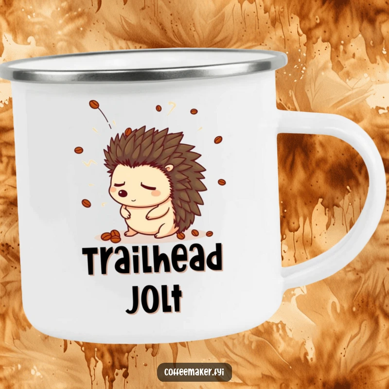 Funny hedgehog camping mug featuring a sleepy hedgehog in a coffee bean hat startled by a steam explosion.