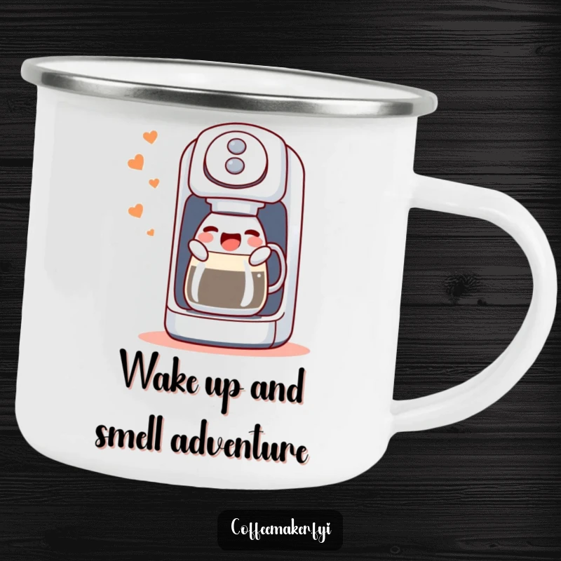 Funny camping mug depicting a singing coffee maker machine, joyfully gurgling, designed for outdoor enthusiasts who love humor.