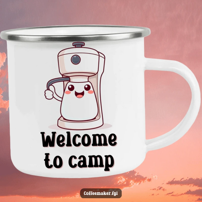 Funny Kawaii coffee maker camping mug, character's handle extended in a welcoming gesture, for outdoor use.