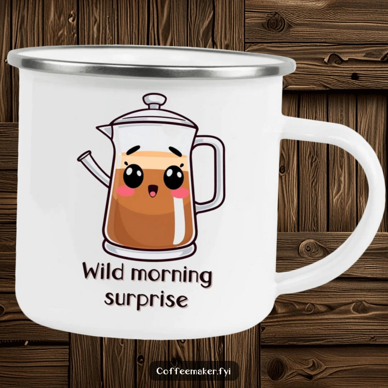 Funny camping mug with a surprised coffee pot design, offering a humorous way to enjoy beverages outdoors.