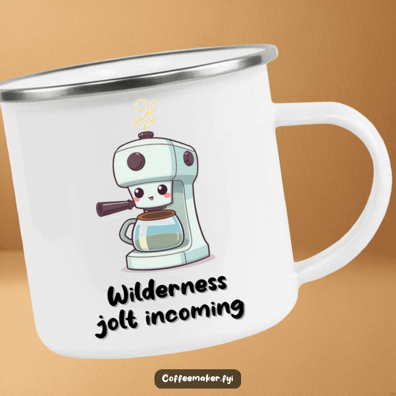 Funny Surprised Coffee Maker Camping Mug: Coffee machine shocked with steam puffing, ready for outdoor adventures and humorous mornings.