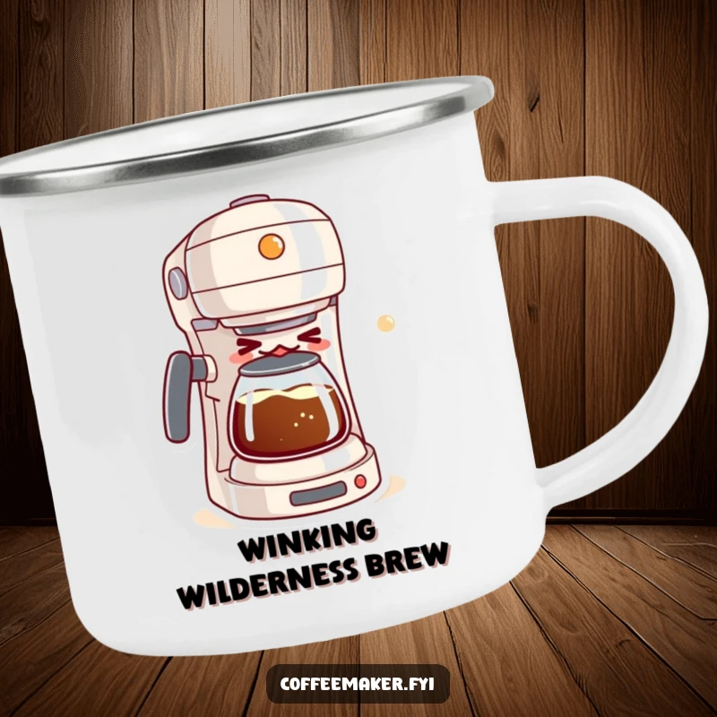 Funny camping mug with a mischievous kawaii coffee maker winking while brewing a bubbly mixture, ideal for outdoor coffee lovers.