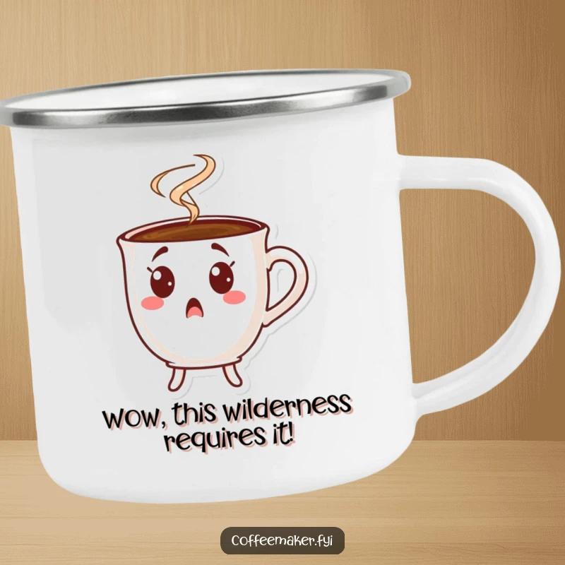 Funny surprised coffee cup camping mug, character in shock with steam, perfect for outdoor humor.