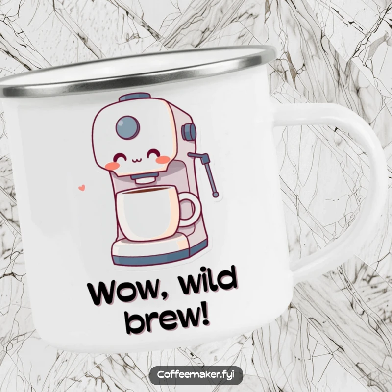Funny camping mug with a coffee maker character showing surprise and delight at a perfect cup of coffee, ideal for rustic enjoyment.